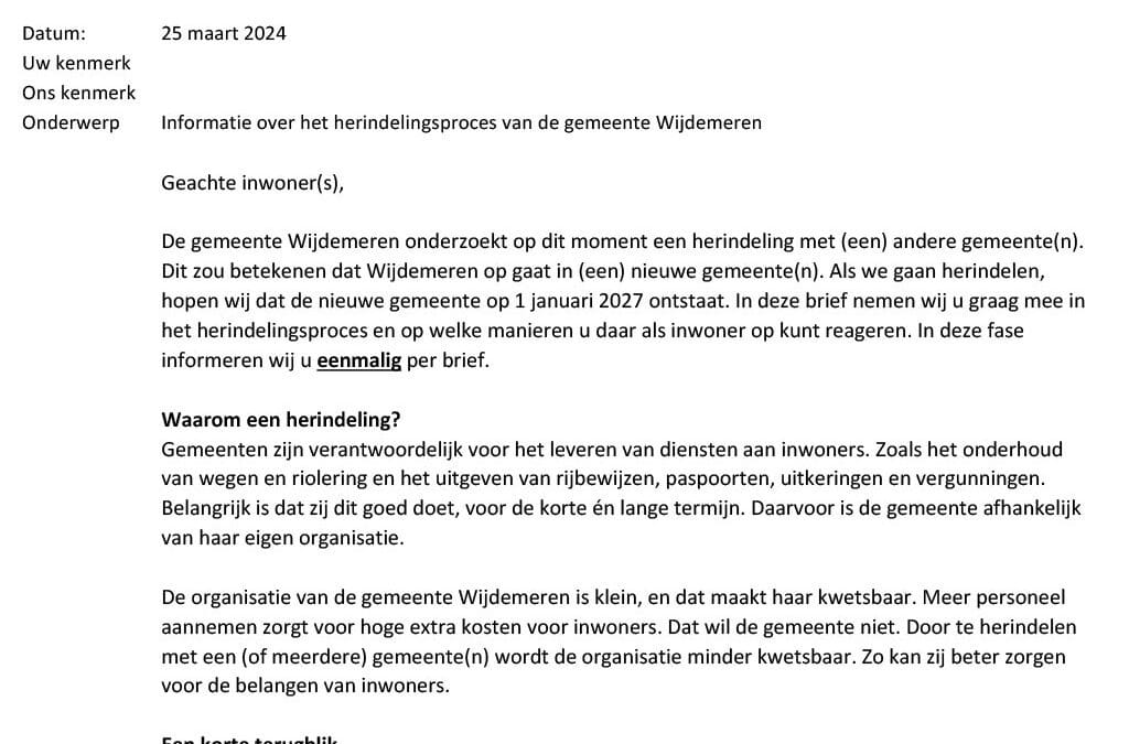 Informatiebrief herindelingstraject voor inwoners en ondernemers