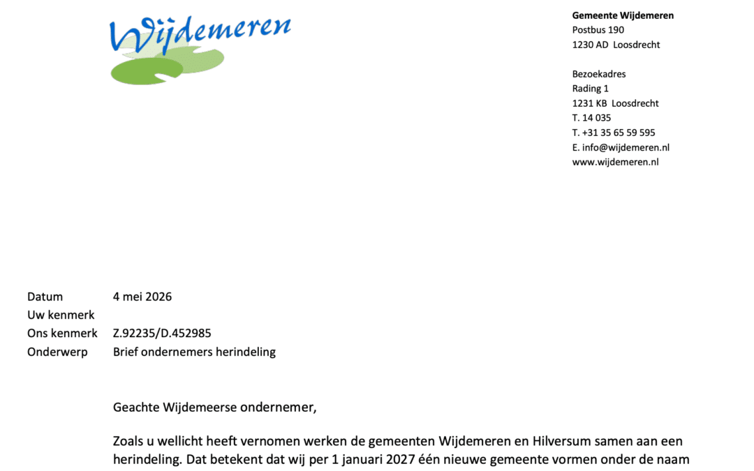 Brief Gemeente Wijdemeren gericht aan ondernemers (herindeling)